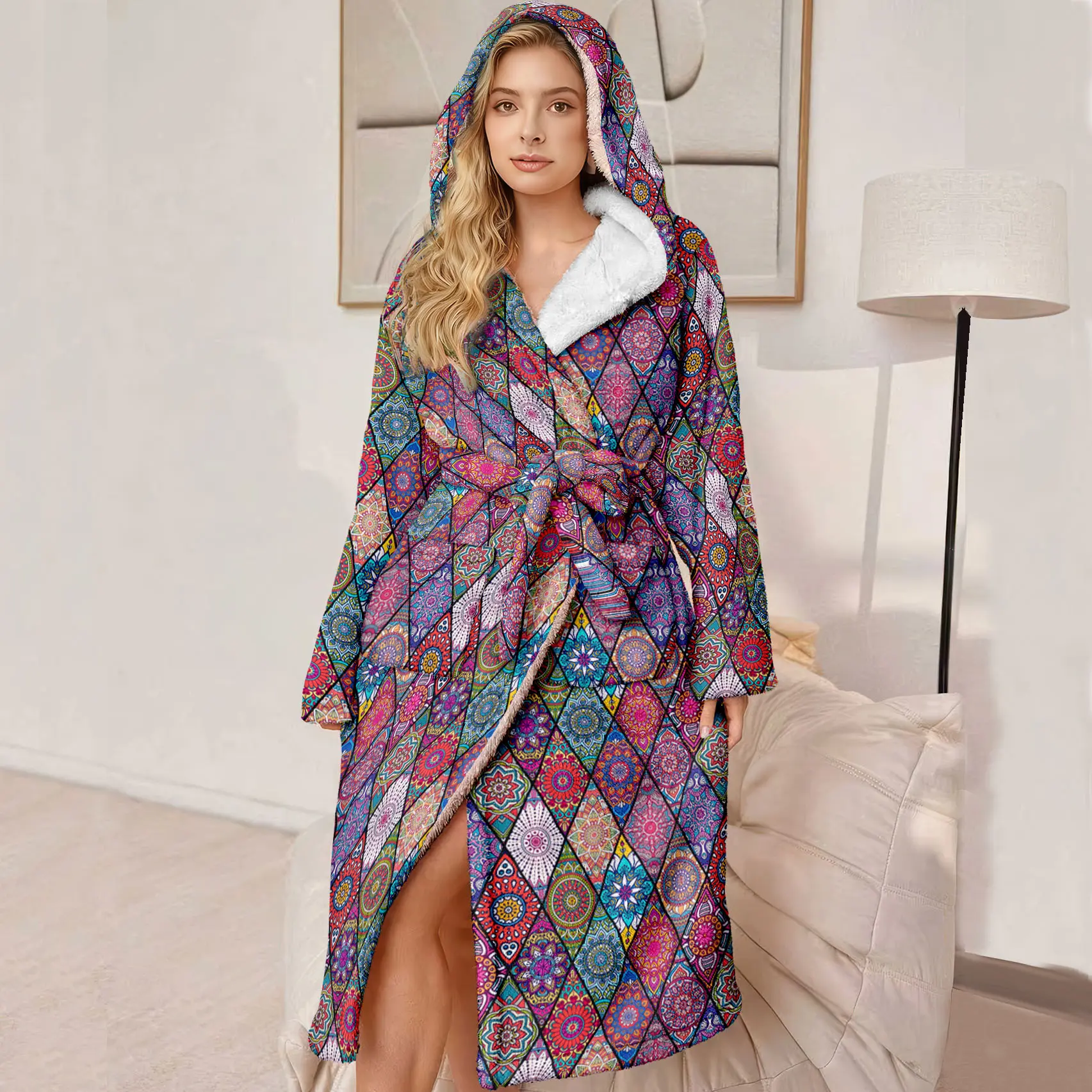 Plus Size Bathrobe, Luxury Hooded Robe, Ultra Comfortable Plush Robe with Belt and Pockets, Vintage Bohemian Style, Winter Gift