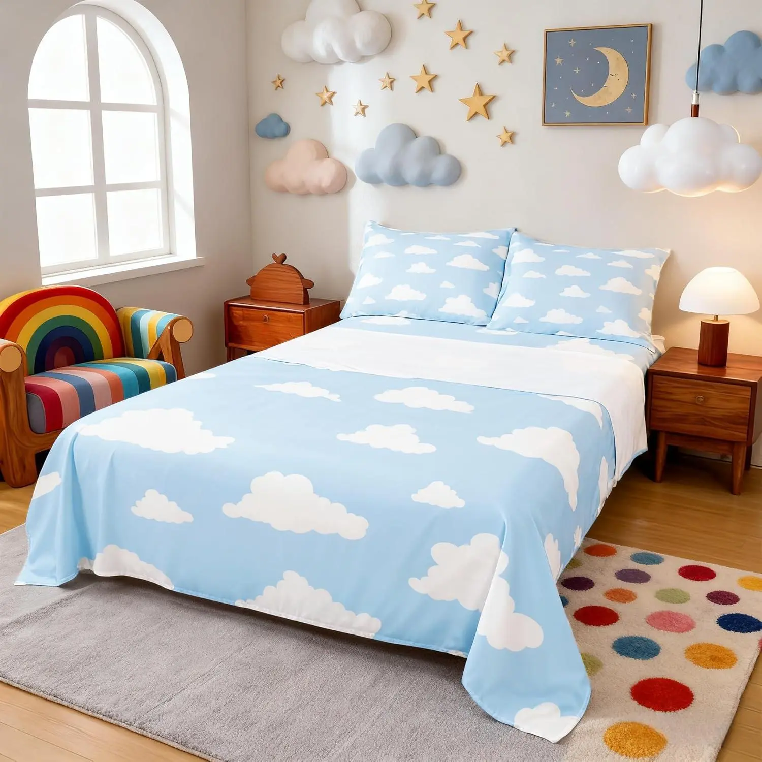 White Clouds Bed Sheets,Cartoon Clouds Blue Sky Decor Bedding Sets Adults,Simple Style Graffiti Decorative Sheet Set with Flat,Fitted Sheet