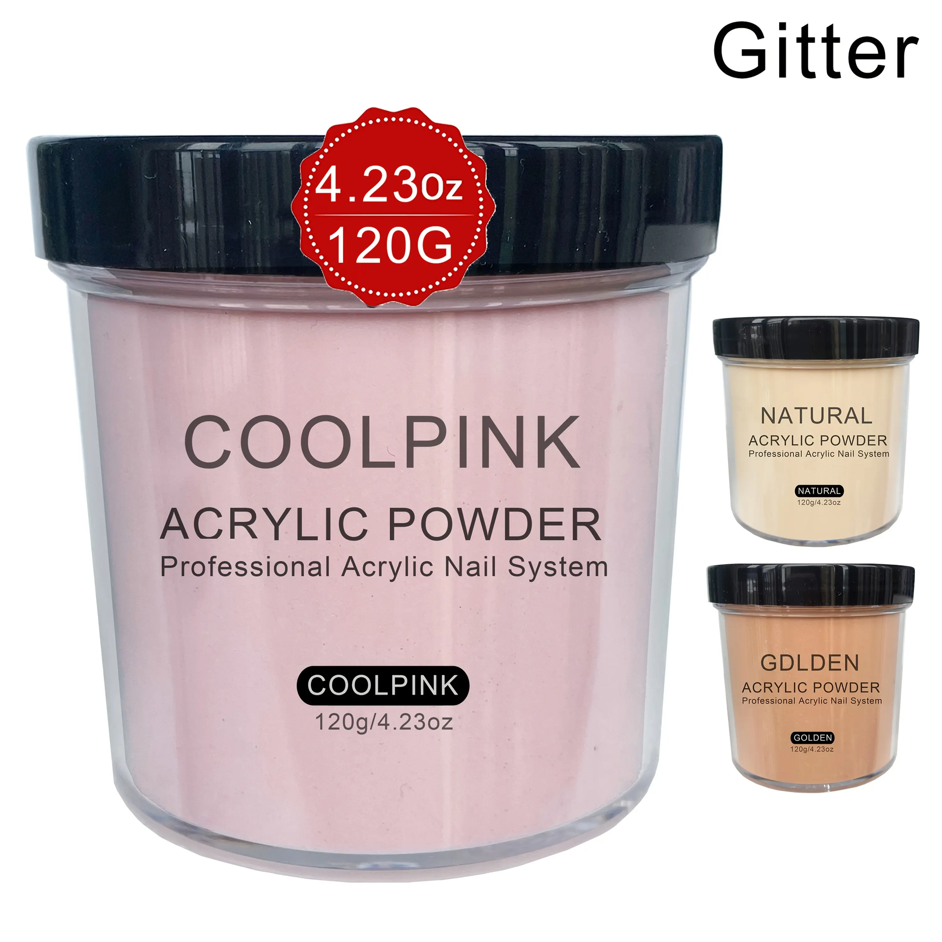 Acrylics Nail Art Set - 4Oz Shimmer Acrylic Powder (Glitter, Cool Pink, Golden, Natural Shades) for Extensions Sculpt & 3D Art, Formaldehyde-Free, No Lamp Required, Sturdy Container Packaging, Glitter Effect, Pink Acrylic Powder False Nails & Accessories
