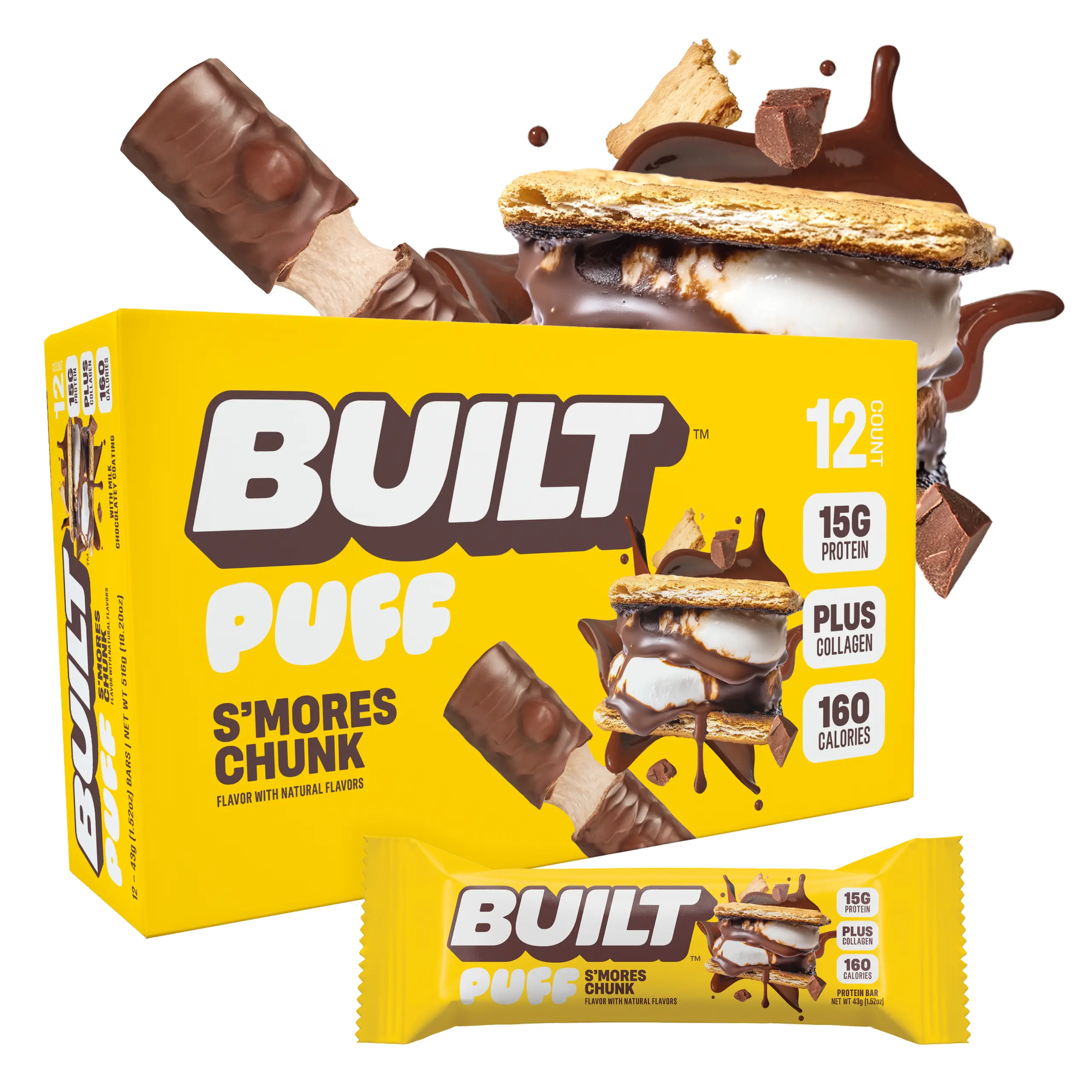 Official BUILT Bar, Puff Protein Bar Snack, S'mores Chunk Puff, 15g Protein, 160 Calories, Collagen, Perfect On The Go Snack, Not Gluten Free