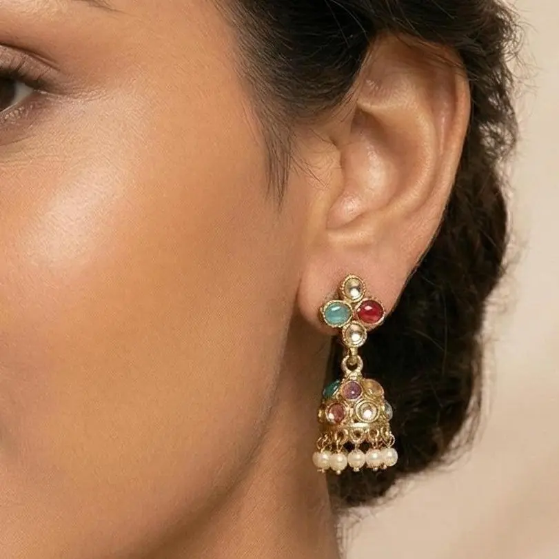 Mini Polki Jhumki Drop Earrings - 1 inch - Lightweight Daily Wear Accessories, Sparkle, Bejeweled, Dangling, Rhinestone Beads, Bejeweled Look, Female, Casual Trendy Jewelry, Dangling Earrings, 0.2 Oz, No Warning Applicable