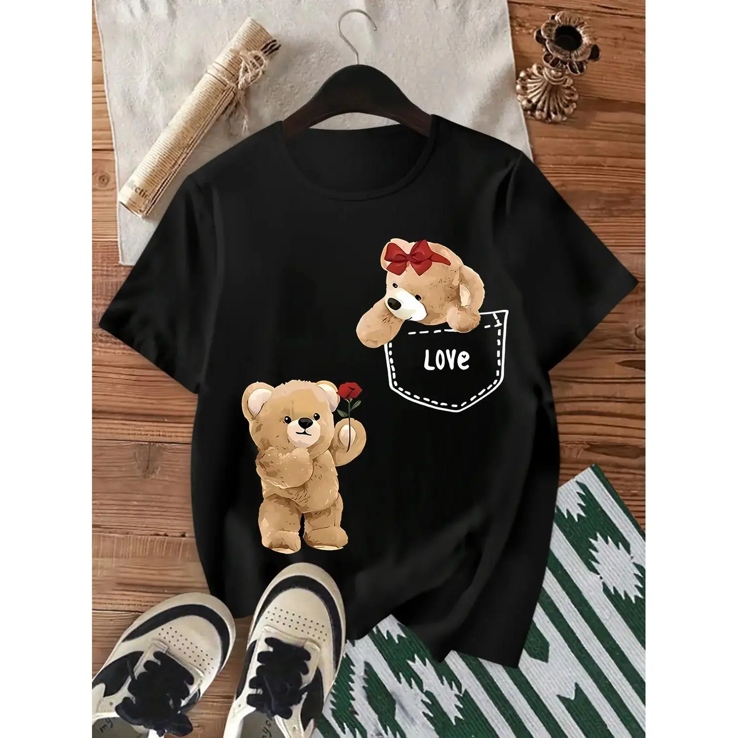 Women's Gray Teddy Bear Pocket T-shirt, Breathable Cotton Short Sleeve Round Neck Top, Casual Relaxed Fit Streetwear, Shortsleeve, Fabric, Soft, Essential, Comfortable, Everyday, Tshirt, Outfits, Pocket Detail, Crew Neck, All Seasons, Jackets