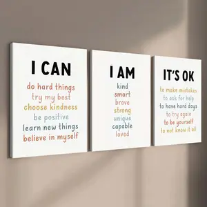 3-count wooden frame canvas Set, simple style self-affirmation positive energy poster, inspirational quotes three-piece decoration, Wall Art, modern home decoration, waterproof art