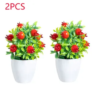 2 plates - Simulated mini pomegranate and red fruit potted plants, featuring 9 plastic artificial plants of red fruits. Simple and modern style for Diy flower wall scene arrangement, vase flower arrangement, wedding, party, home decoration, and office des