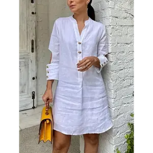 Women's 2025 Spring/Summer Casual Mini Dress - Long Sleeves, Buttoned, V-Neck, Short Style for Daily Wear Collar Cotton