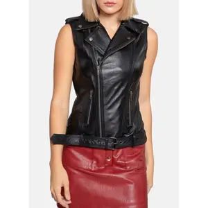Womens Shiny Black Biker Leather Vest