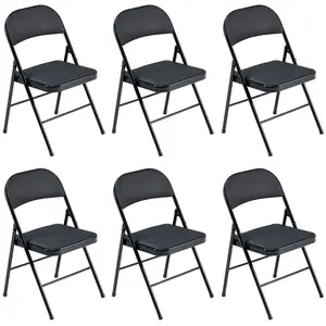 6 Pack Heavy Duty Folding Chairs Steel Frame PVC Seat Black for Convention Exhibition Portable Stackable