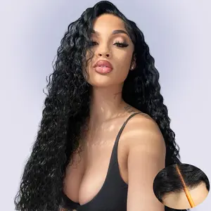 Wear and Go Glueless Wigs Human Hair 180 Density Pre Plucked Pre Cut Deep Wave Lace Front Wigs Ready to Wear Glueless Wigs 34 Inch 5X5 Lace No Glue Natural Black Human Hair wigs for Women