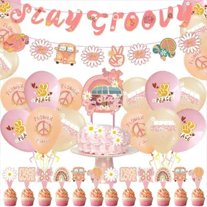 Stay Groovy 70's Theme Party Decor Set - Retro Cake Topper, Cupcake Toppers, Centerpieces, Balloons & Banner - Far Out Celebration for All Ages