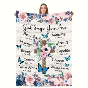 Christian Theme Flannel Fabric Throw Blanket, Bible Verses "God Says You Are" Design, Cross-Butterflies & Floral Print, Soft Plush Cozy, Multi-Size Warm Fuzzy Bedding for Bedroom Sofa, Ideal Baptism Gift for Women