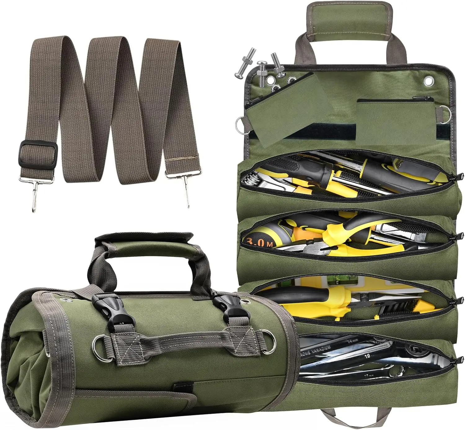 Heavy Duty Waterproof Roll Up Tool Bag, Portable Tool Organizer with 6 Pockets, Detachable Pouches & Carry Handle, Foldable Tool Roll Storage for Electricians, Mechanics, Carpenter, Motorcycle Repair, Construction Workers, Gifts for Dad Men