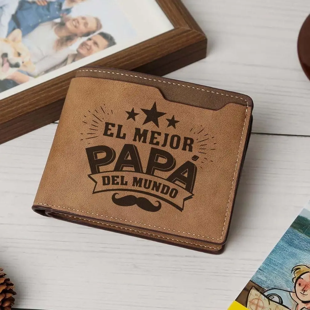 El Mejor Papa Del Mundo Mens Leather Bifold Wallet, Engraved Spanish Dad Gift, Fathers Day Husband Present