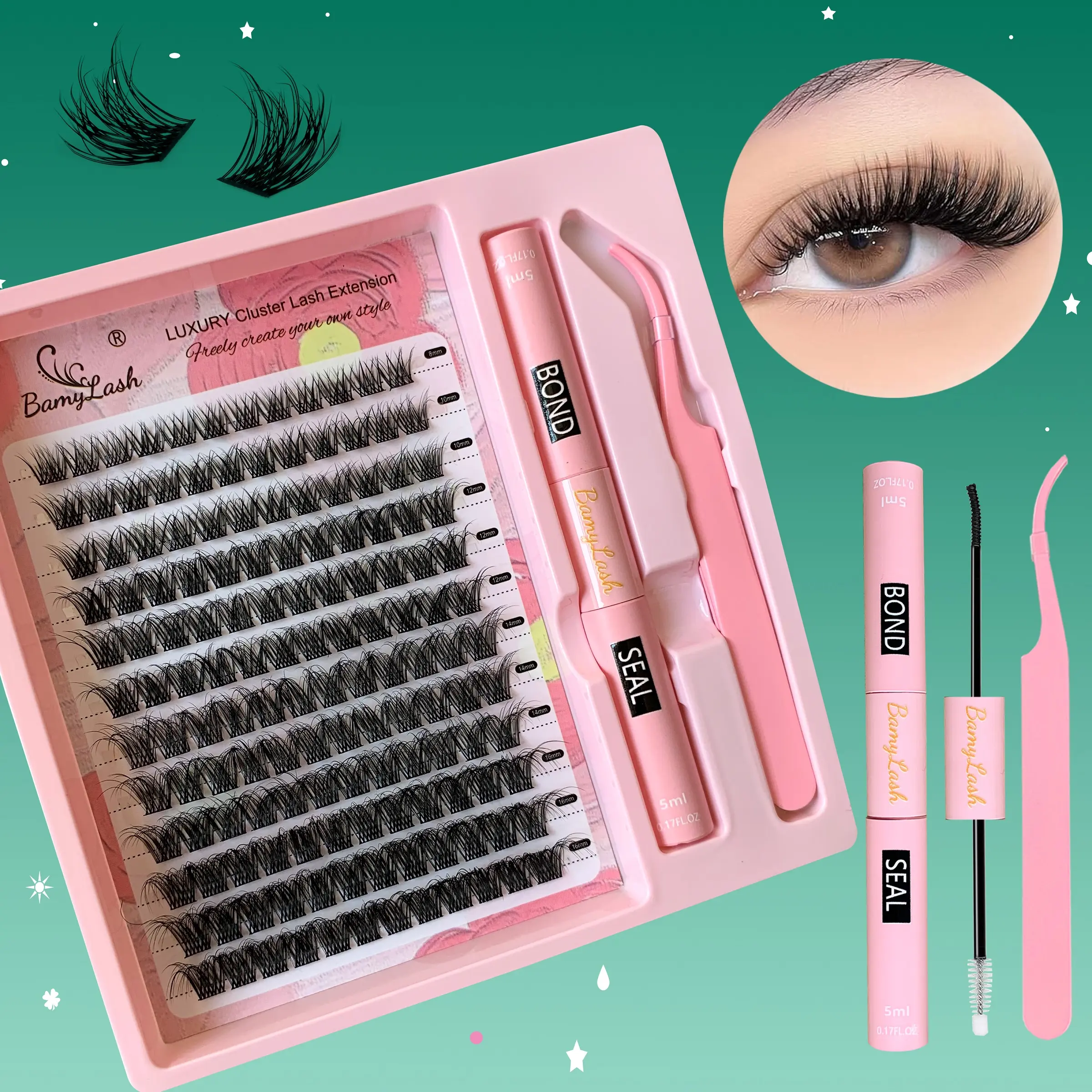 3D Effect C10 8-16mm Individual Fluffy Eyelash Clusters Set, Voluminous false eyelashes, Natural Look Volume False Lash Extensions, DIY Grafting Curl Eyelash with Bond & Seal & Tweezers for Women, Makeup Cosmetic eyelash kit