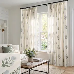 Blue Green Floral Linen  Curtains, 84 Inch  Country Cottage Core Light Filtering Pinch Pleated Drapes,  Block Print  Sheer Panel for Living Room Bedroom Sliding Glass Door