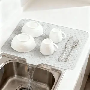 White Silicone Large Size Dish Drying Mat With Built-in Drain Lip 23x17 Heat-Resistant Leak-Proof Non-Slip Mat For Kitchen Counter Sink