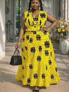 African Print Skirt Set – Yellow Ankara Crop Top, Vest & High Slit Maxi Skirt