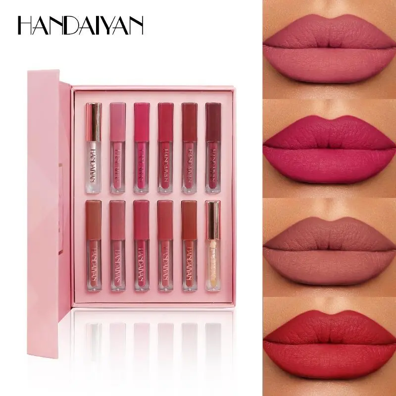 Lip Gloss Set 12 Square Tube Lip Gloss Waterproof and Easy to Color Pearlescent Matte Lip Gloss Set