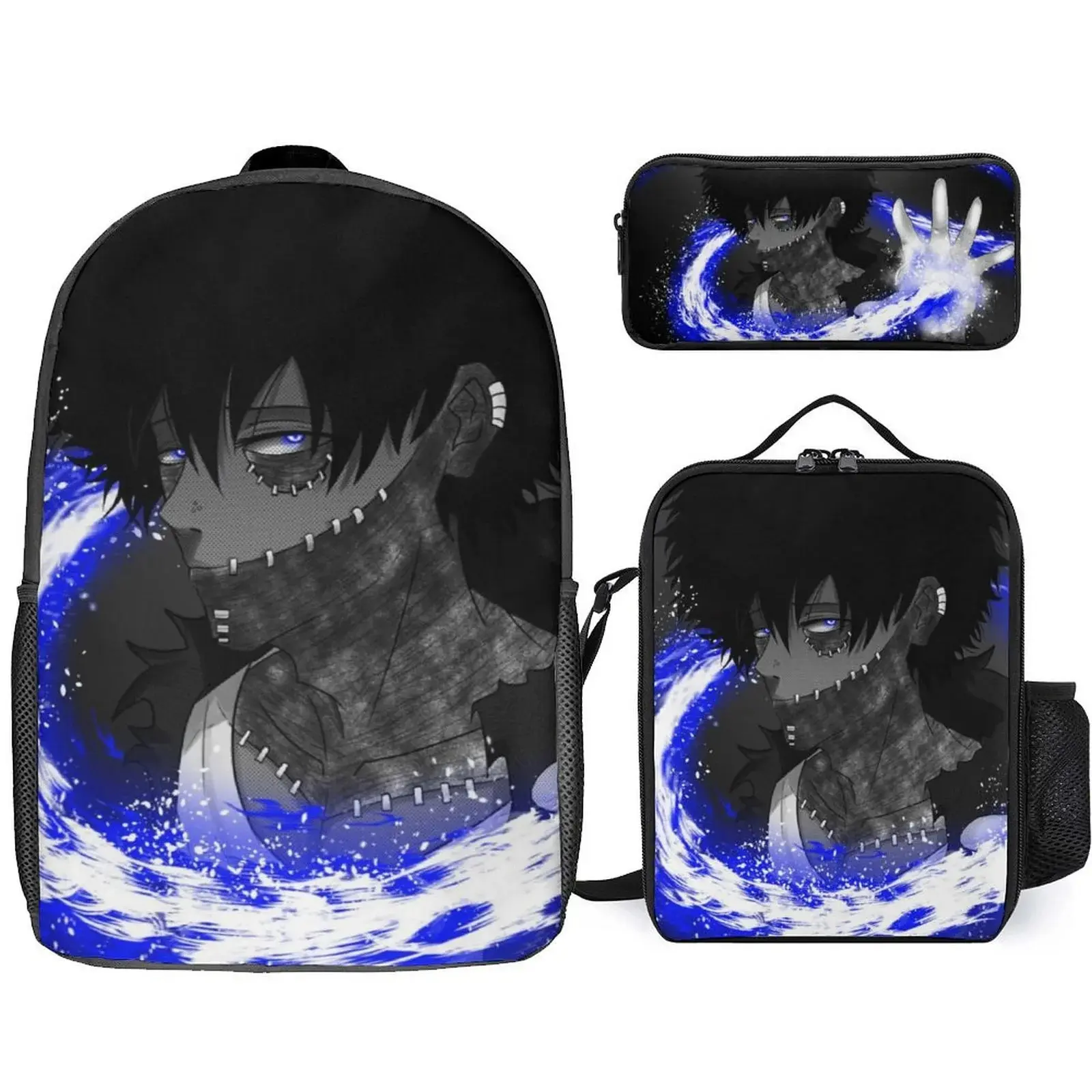 Hero-Academia Dabi 3 Piece Backpack Set with Lunch Bag Pencil Case , High Capacity Bookbag with Lunch Box Pen Box Workplace Travel