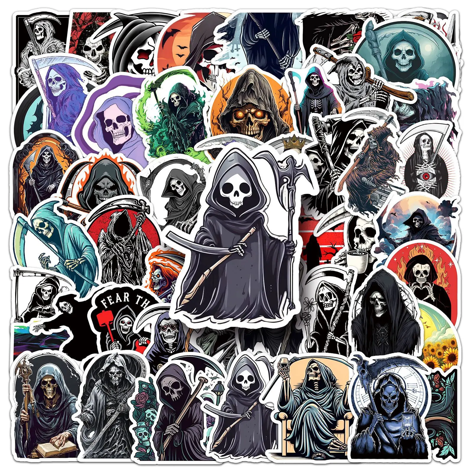 50pcs Grim Reaper Stickers Gothic Halloween Series, Perfect for Scrapbooks Journals Laptops Water Bottles Cars, Car Decorative Sticker, Car Vehicle Decoration, Positive Message Gift Sticker Decals, Automobile Decals, Automotive Decoration
