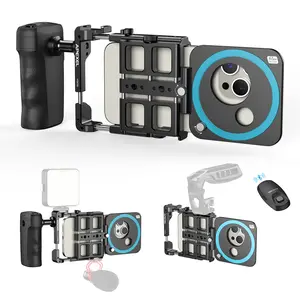 APEXEL Universal Phone Rig Video Kit. Aluminum Handheld Smartphone Vlogging Cage with Rechargeable Handle Wireless Bluetooth Shutter, Phone Stabilizer for Videomaker Compatible with iPhone/Android.