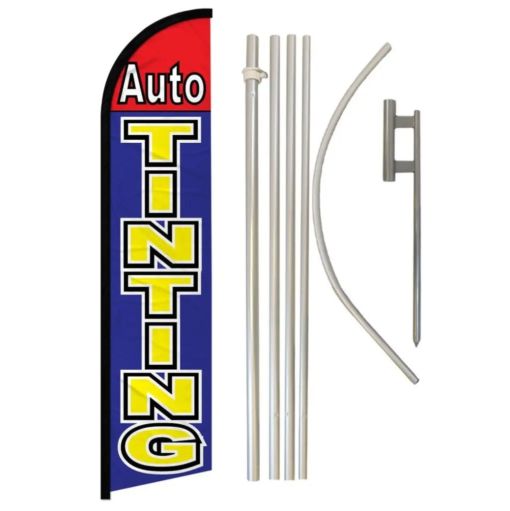 Retractable Windproof Cordless Advertising Banner & Aluminium-Steel Pole Complete Kit - 16ft Tall Stable Easy-Install Outdoor Business Display, Red/Blue Synthetic Polyester with Unique Print, 11.5ft x 2.5ft Curved Sleeve