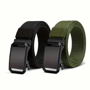 2 Male Braided Nylon Belts, Automatic Frame Buckle, Stretch Casual Business Fashion Belt, Durable Daily Matching - Multi-Color Optional