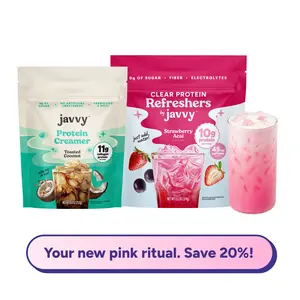 Javvy Pink Protein Drink Bundle with Collagen - Strawberry Acai Refresher & Toasted Coconut Coffee Creamer – Pink Strawberry Sweet Cream Refresher with Clear Whey, Electrolytes & Collagen – Keto Friendly, No Added Sugar