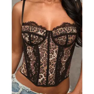 Women's Leopard Mesh Lace Trim Camisole Top, Versatile For Outings, Date Nights, Theme Parties