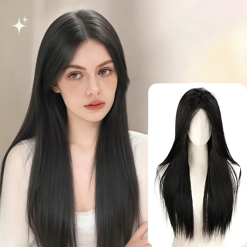 Lotfon Women's Glueless Synthetic Straight Wig - Long Black Full Machine Wig, Adjustable Comfortable Cap, Lightweight Easy-to-Wear, Instant Style Transformation, Straight Wigs