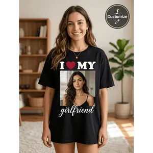Custom Photo T Shirt for Men And Women, Personalized I Heart My Girlfriend Graphic Tee, Oversized Short Sleeve Crew Neck Top, Funny DIY Picture Boyfriend Gift, Summer Casual Wear, Soft Breathable Fabr
