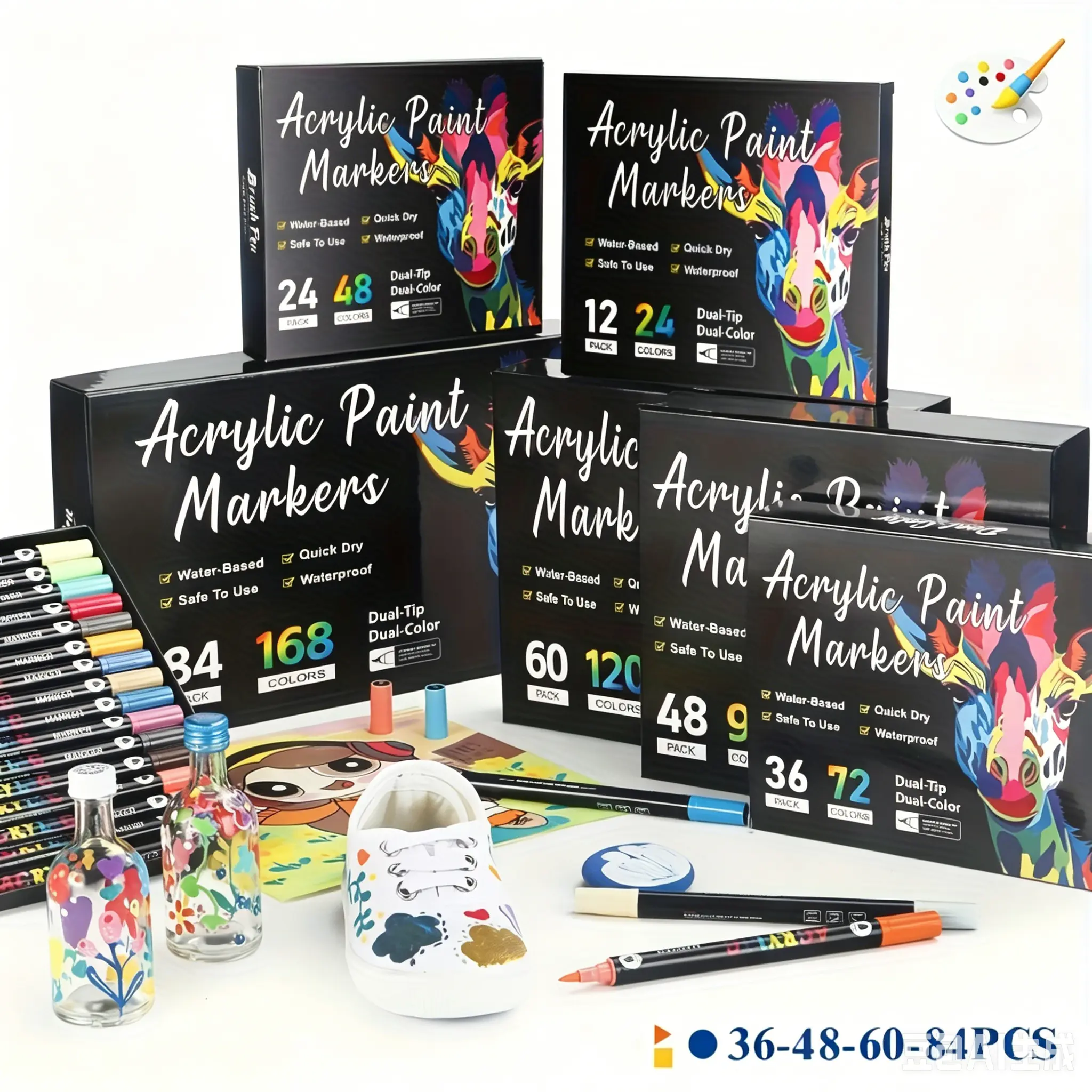 Dual-Tip Waterproof Watercolor Acrylic Markers, 24/48/72/96/120/168 Color Set - Suitable for Rock Painting, Canvas