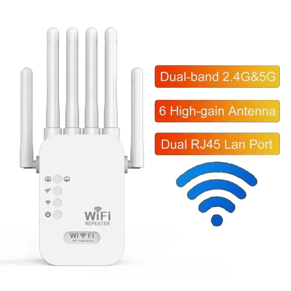 WiFi Repeater with 6 High-Gain Antennas, 1200Mbps Anti-Interference Signal Booster for Home Networks, Compatible with US Outlets, Dual-Band, 1200Mbps Repeaters, Omnidirectional, Abs Plastic, External, Dual-Band 2.4G&5G, Fast Heat Dissipation, Us Plugs, In