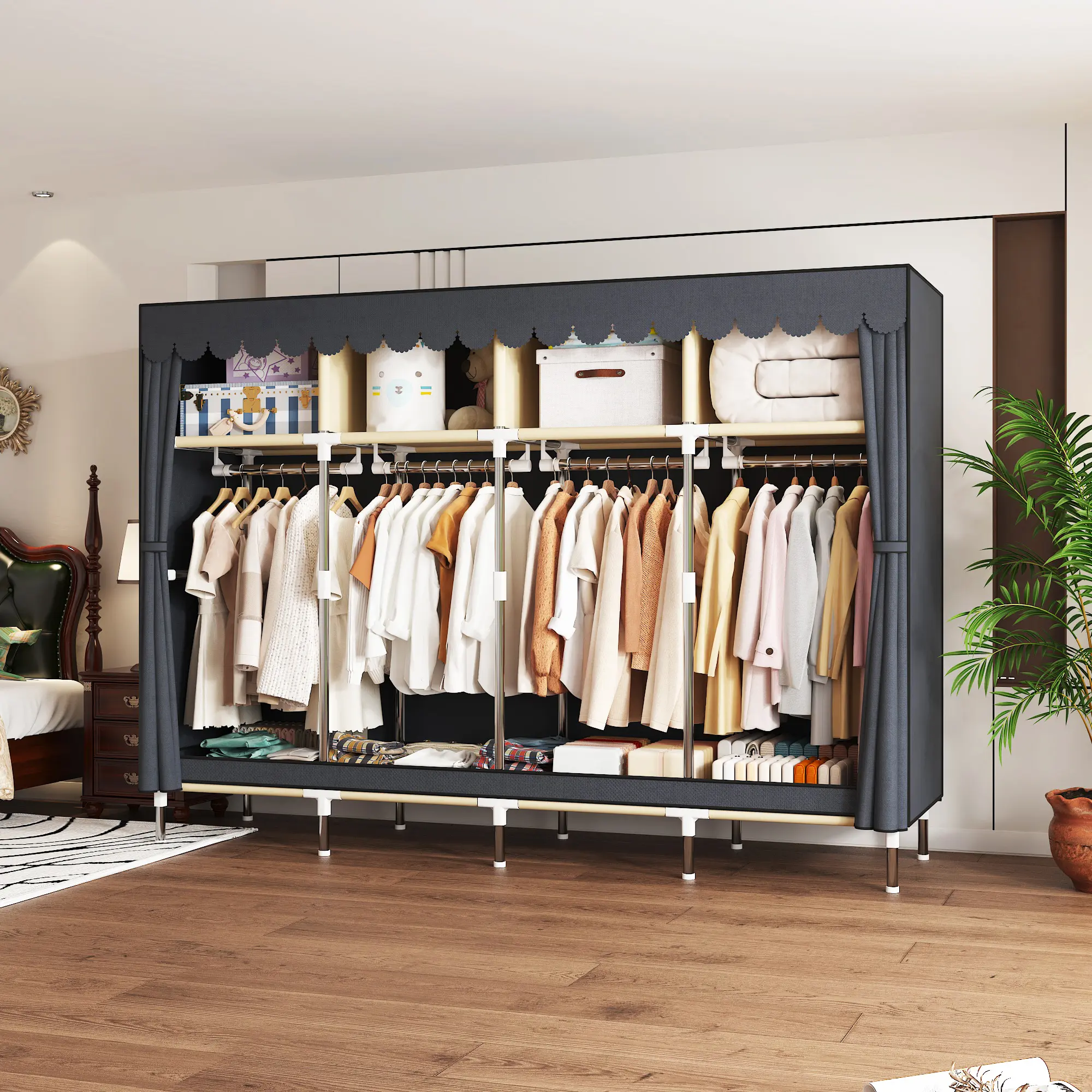 Heavy Duty Cloth Wardrobe Portable Closet Organizer Metal  Clothing Rack  for Hanging Clothes muebles para ropa  Easy to Assemble Stronger Load-Bearing Detachable Design 78.7" Lx 17.7" Wx 66.9 H