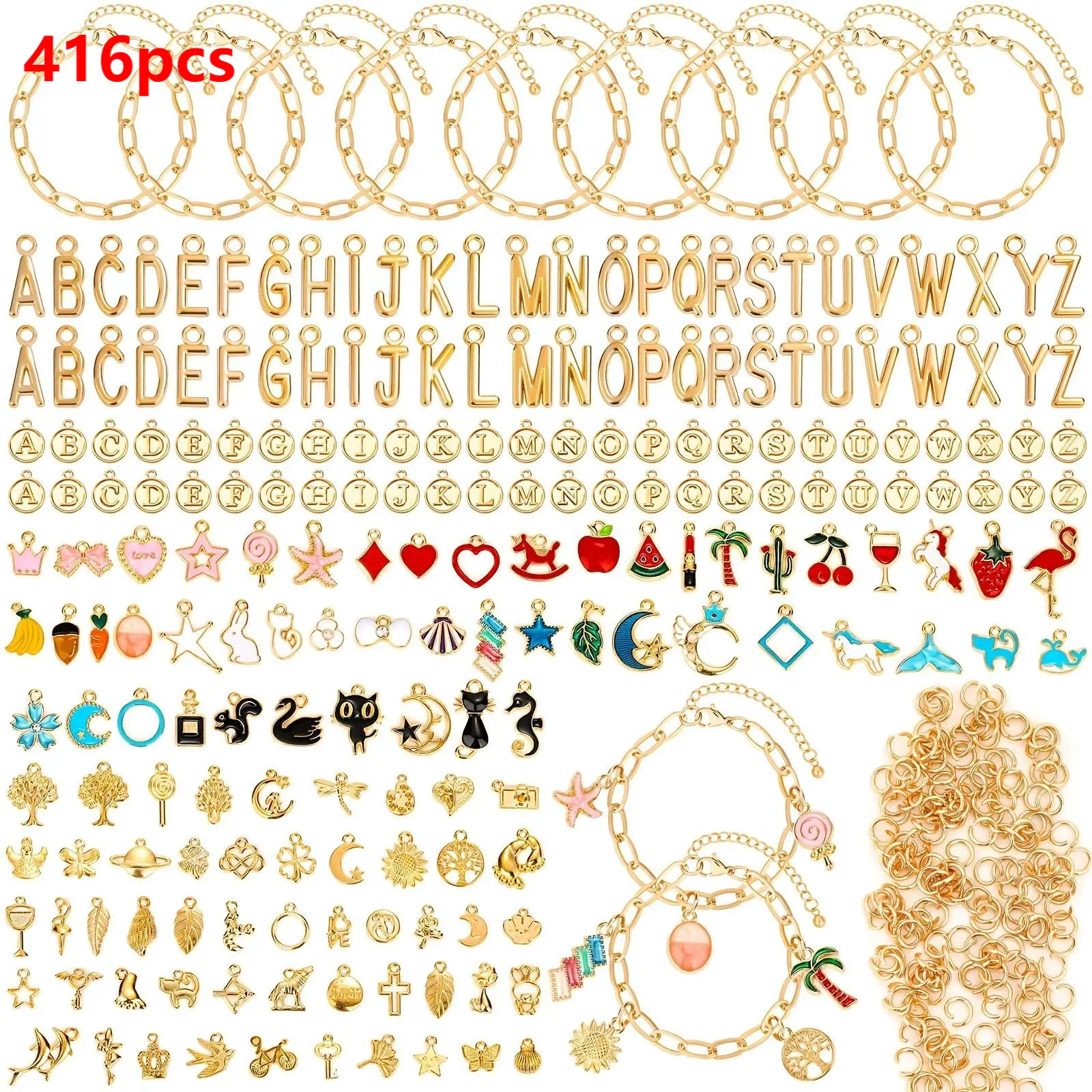 416pcs Golden DIY Jewelry Making Kit - Paperclip Chain Bracelets, Mix Charms, Jump Rings, Bead Assortment, Letter Charm for Handmade Gifts & Handcraft Accessories