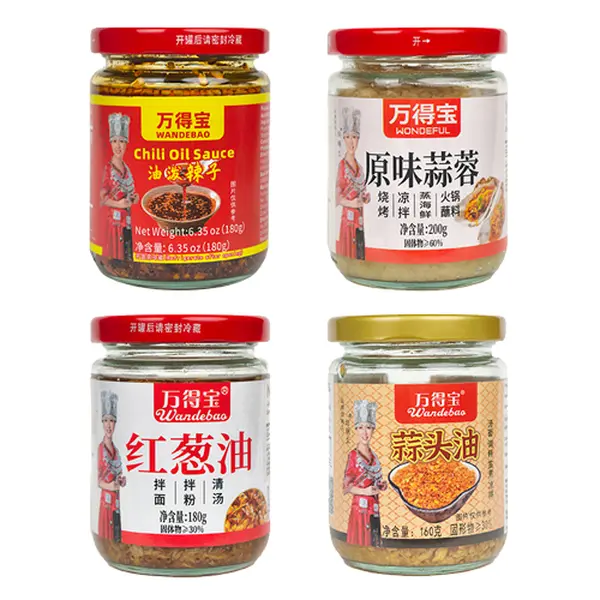 WANDEBAO Export-Grade Asian-Style Refrigerated Ready-to-Use Cooking Condiment Set (4 Jars: Chili Oil Sauce, Minced Garlic, Shallot, Natural Savory Seasoning Blends) - Dip, Flavor Booster for Noodle, Soup, Home Kitchen