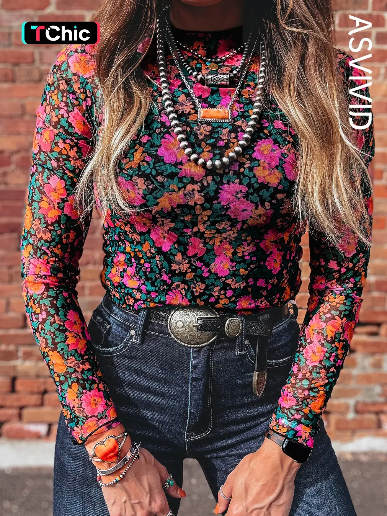Women's Casual Feminine Slim Fit Stretchy Floral Print Mesh Long Sleeve Mock Neck Top, Stylish All Seasons Fashion, Comfortable Daily Wear
