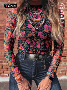 Women's Casual Slim Fit Stretchy Floral Mesh Long Sleeve Mock Neck Top, Stylish All Seasons Fashion, Comfortable Daily Wear