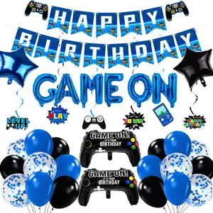 Video  Birthday Party Decorations 36 count - Navy Blue Gamer Theme Supplies Kit with Happy Birthday Banner,  Swirls, and  Controller Foil Balloons for Boys, Level Up Party Decor