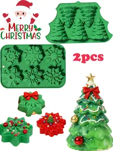 2PCS Green Silicone Christmas Tree Snowflake Molds, 3D Christmas Tree Molds, Silicone Mousse Cake, Cookie, Soap, And Baking Molds, Holiday Decoration Molds Suitable For Christmas, Valentine's Day