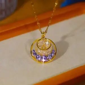 LisiZen French Style Violet Donut Pendant Necklace, Luxury Hollow Mesh Ball Design, Chic Lucky Amulet Collarbone Chain Jewelry for Women DZXL3408