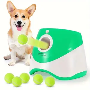 Automatic Dog Ball Launcher, Interactive Fetch Toy, Includes 6 Mini Tennis Balls and Rechargeable Battery, Adjustable Launch Distance, Ideal for Outdoor Play - Green - 21.6cm x 25.9cm x 21.4cm