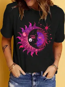 SHEIN LUNE Women's Sun And Moon Printed Short Sleeve T-Shirt For Summer Graphic Tees Women Tops