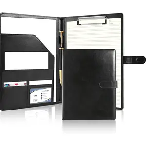 Professional Portfolio Binder with Clipboard, Faux Leather Padfolio Organizer for Resume, Interview Business Conference, Legal Pad Holder for A4 Letter Size Notepad with Multi-Pocket Storage (Black)