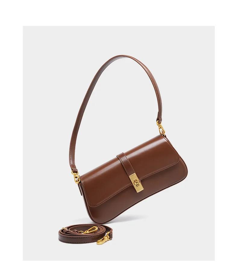 Minimalist Brown Leather Baguette Bag for Women Retro Underarm Shoulder Purse with Gold Lock