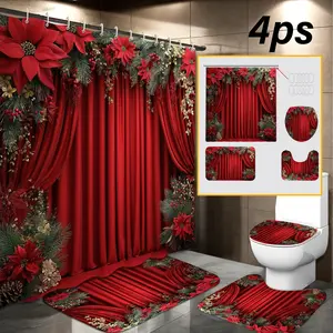 Festive Holiday Shower Curtain Set, 4PCS Red Christmas Bathroom Decor with Coordinated Toilet Cover, U-Shaped Rug and Floor Mat, Seasonal Accent for Guest Bath and Family Bathroom, Bathroom Shower Curtain Sets