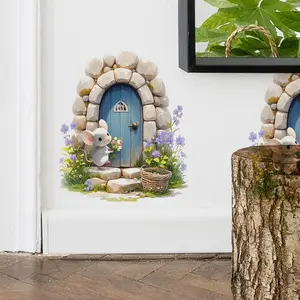 Mouse House Wall Sticker, Cute Mouse House Door Sticker with Flower Decor, Wall Decal, Decorative Sticker for Home Living Room Bedroom