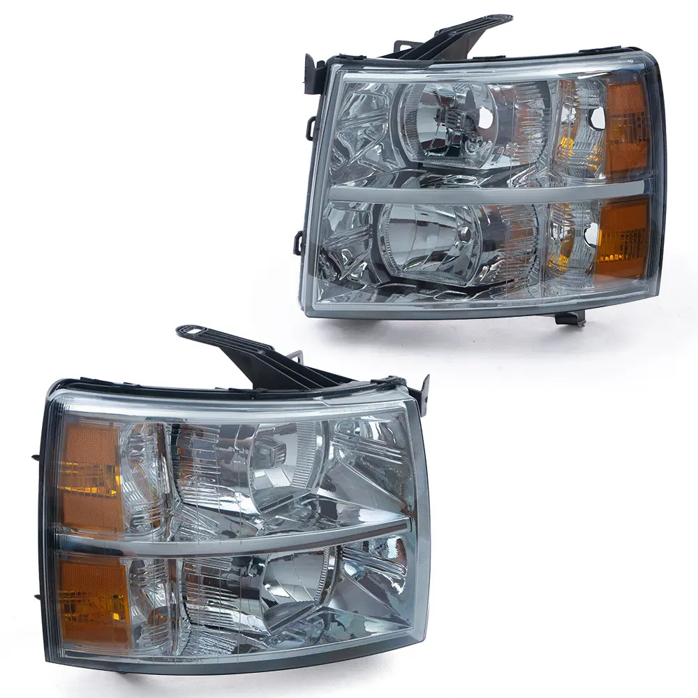 Smoked LED Headlight Assembly Pair with Amber Lens, ISO Certified, OEM Materials, Fit for 2007-2014 Chevrolet Silverado Truck Lights