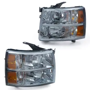 Smoked LED Headlight Assembly Pair with Amber Lens, ISO Certified, OEM Materials, Fit for 2007-2014 Chevrolet Silverado Truck Lights