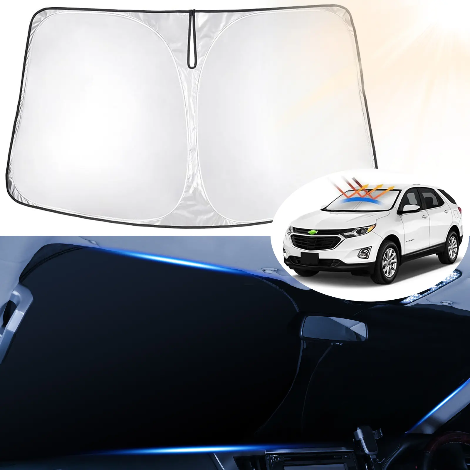 Canvcle Custom Fit Car Sunshade Windshield Outside for Chevrolet Chevy Equinox 2018-2025, 240T Reflective Double-Layer UV Protective Heat-Blocking Cover, Foldable Front Window Sunvisor, Quick Install, Easy Storage