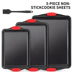 Baking Pans Set, 3-Piece, Nonstick Carbon Steel Cookware Sheets & Trays, Stackable Kitchen Oven Bakeware Cooking Sets with Silicone Handles, Easy to Clean, for Baking Cookie Cake Muffin Bread outdoorfun